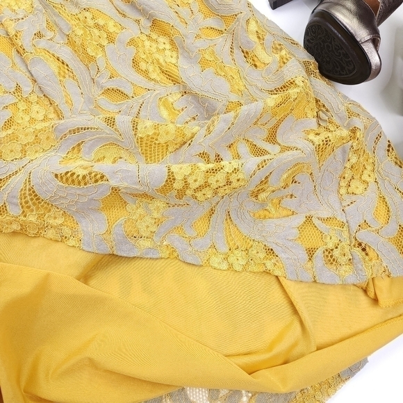 Me To Magic Beige Yellow Gold Lace Floral Embroidered Skirt Sz L - Picture 4 of 16